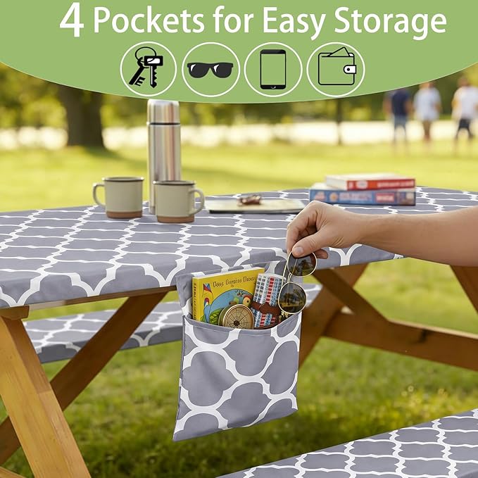 Fitted Waterproof Picnic Table Cover with Bench Covers Elastic Polyester 72In Camping Tablecloths for 6Foot Rectangle Tables Summer Fall Glamping Roadtrip Stuff Festival Vacation Items Gift