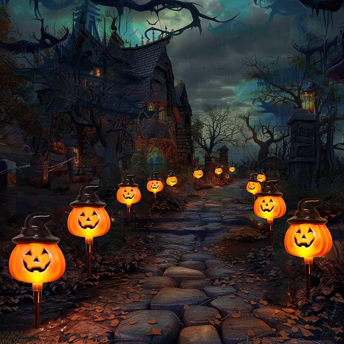 6 Pack Solar Jack O Lantern Stake String Lights - Orange Halloween Pathway Decor for Outdoor Halloween Yard Display