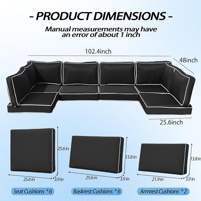 Outdoor Cushions for Patio Furniture,14Pieces Water-Resistant Replacement Cushions Fits 6-seat Sectional Rattan Conversation Set Outdoor Patio Sofa Cushion,Liner&Cover(Black+White Edges)