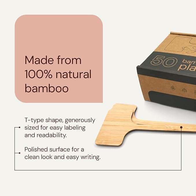 Bamboo Plant Labels, Eco-Friendly Garden Tags | 7" Long T-Type Wooden Garden Markers | 100% Natural, Biodegradable | for Labeling Herbs, Seedlings, Vegetables, Cheeses, Appetizers, Desserts | 50 pcs