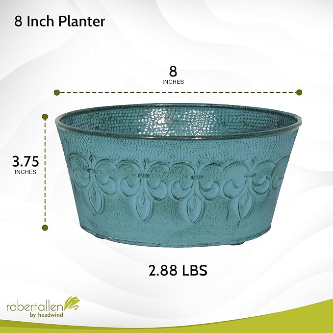 Headwind Ironlite Fleur De Lis Collection – 8" Surf Blue Bowl Decorative Planter with Drain Plug – Lightweight Metal Garden Pots for Indoor & Outdoor Planters Use by Robert Allen