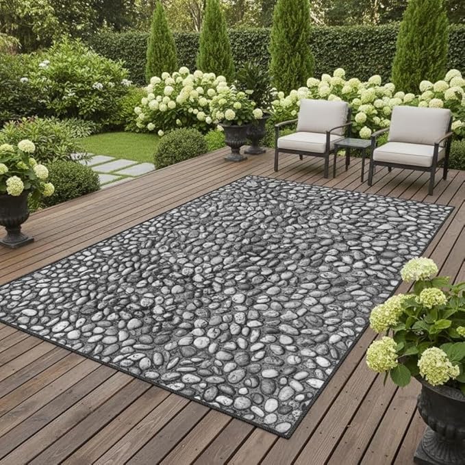 Old Distressed Grey Pebble Pattern Outdoor Carpets for Courtyard Balcony Garden Terrace Imitation Stones Splicing Low Pile Mat Modern Natural Thin Reversible Waterproof Home Decorative Rugs 10x14