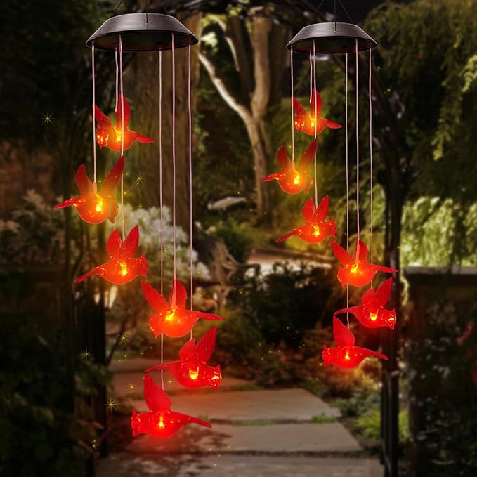 Cardinal Solar Wind Chimes for Outside,2PK Cardinal Gifts for Women Mom Mother,Solar Red Bird Memorial Wind Chimes,Solar Powered Wind Chime Waterproof,Red Bird Decor for Garden Patio Outdoor Porch