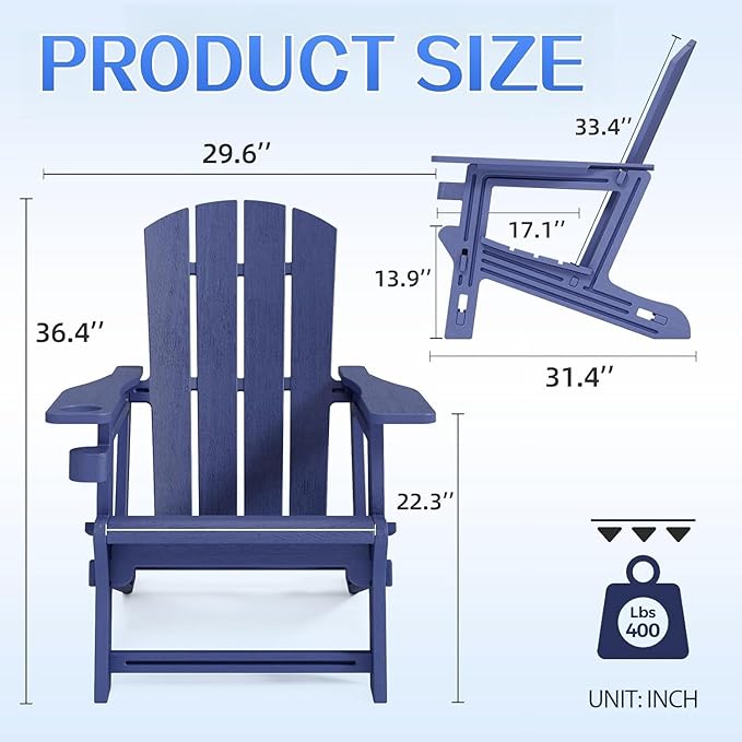 Adirondack Chair, All Weather Plastic Adirondack Chairs, Fire Pit Chairs with Cup Holder, Outdoor Lawn Chair for Patio, Garden, Backyard, Navy Blue