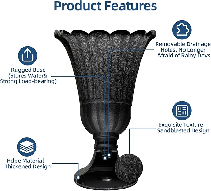 Tall Plastic Urn Planters for Outdoor Plants Set of 2-23.6" H Classic Petal Design Indoor Large Flower Pots with Drainage Holes, Outdoor Planters for Porch Decor/Garden Vase, Black