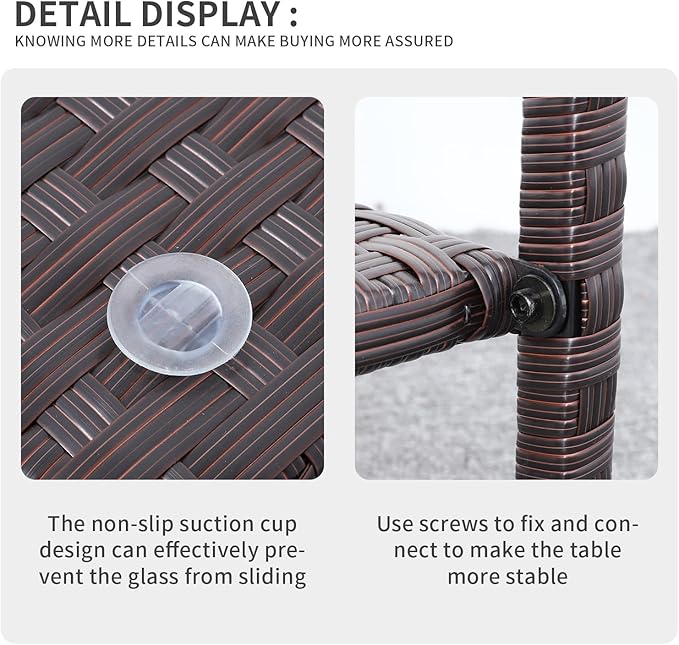 Outdoor Wicker Glass Top Side Table - Patio Balcony Deck Pool Square End Table with Storage, Dark Brown