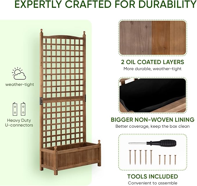 Idzo 71 Inches Height Raised Garden Bed with Trellis, Durable Oil Coated Planter with Trellis, Vertical Gardens Outdoors with Convenient Non Woven Lining for Better Plants Growing