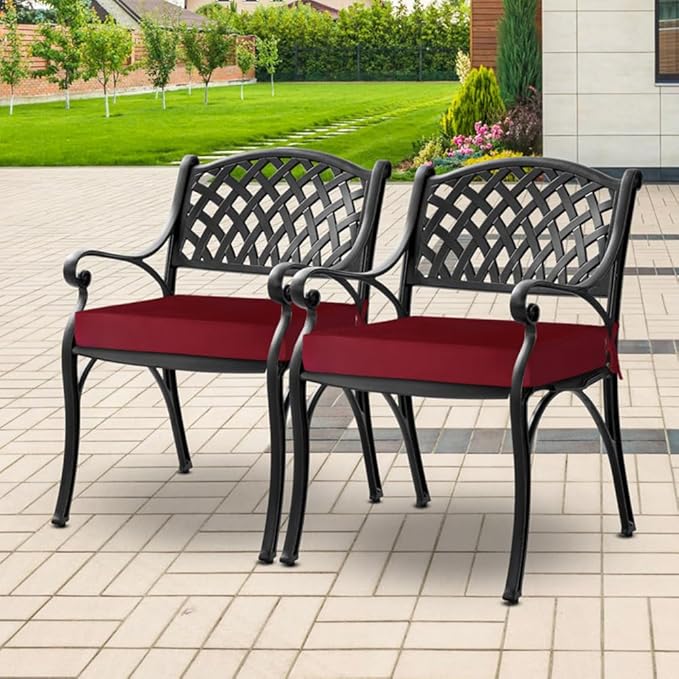 downluxe Waterproof Outdoor Chair Cushions for Patio Furniture, 22" x 22" x 3" Patio Chair Cushion with Adjustable Ties & Portable Handle, Square Outdoor Cushion with Removable Cover, Burgundy, 2 Pack