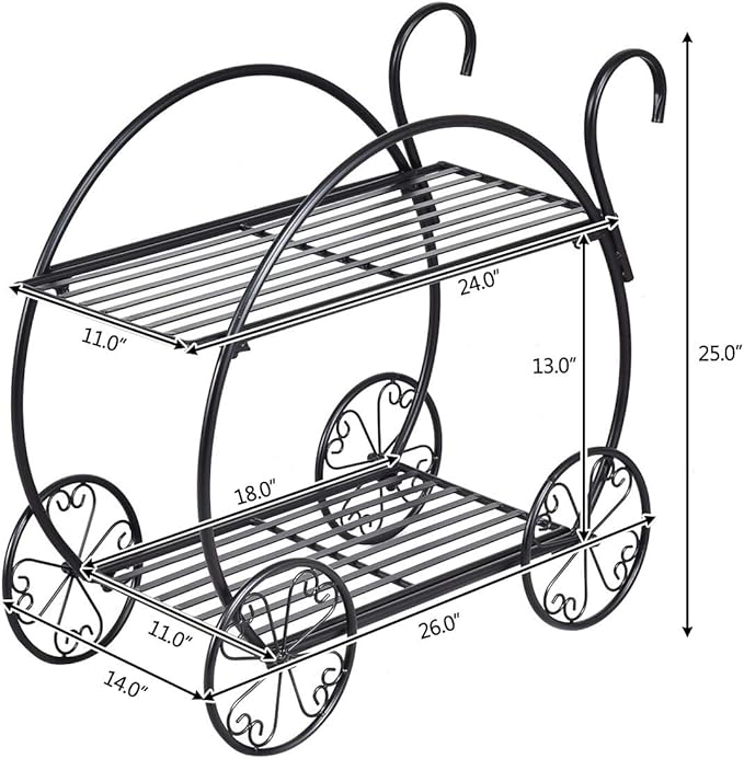 Giantex Garden Cart Metal Plant Stand with 4 Decorative Wheels, Succulent Collection Flower Pot Holder Display Shelf for Home Patio Garden Flower Shop, Parisian Style Plant Potted Rack (2-Tier)