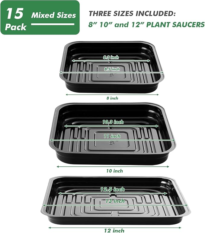 15 Pack 8, 10, 12 Inch Plant Saucer Plant Trays for Pots Square Plant Pot Saucers for Outdoors and Indoors Plant Water Catcher Tray Plastic Plant Trip Trays Saucers for Potted Plants Planter Dishes