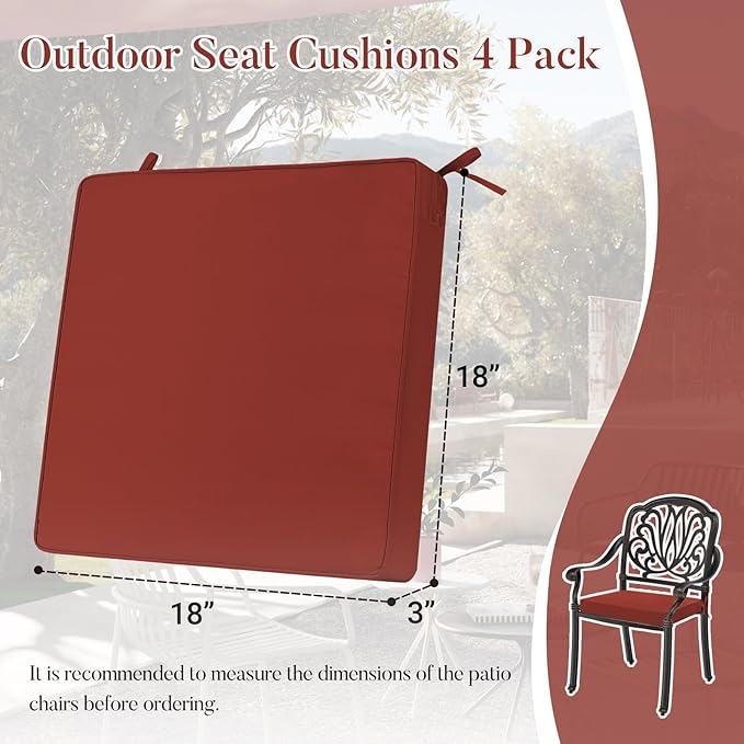 Basic Beyond Outdoor Chair Cushions for Patio Furniture, Waterproof Outdoor Seat Cushions Set of 4 18 x 18, Patio Chair Cushions Set of 4 with Ties and Handle, Brick Red