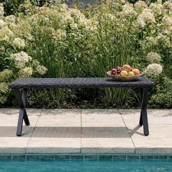 Outdoor Rattan Backless Bench Weatherproof Patio Bench with Seat and X-Shaped Legs, All-Weather Garden Bench for Porch, Patio, Lawn and Backyard, Black