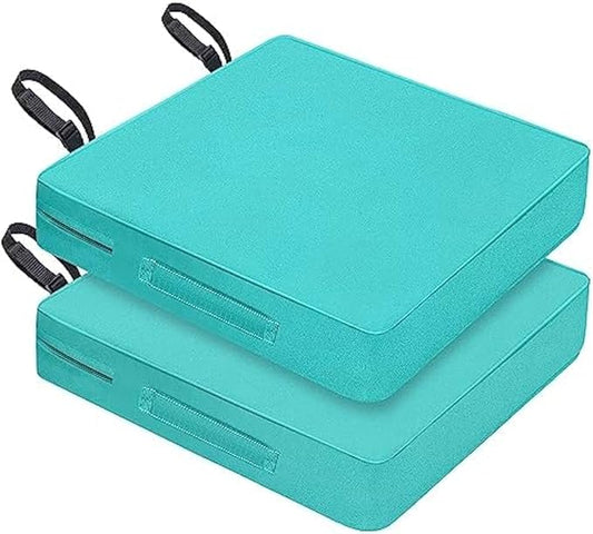 Waterproof Outdoor Seat Cushions 24x24x4 Inch, Patio Chair Cushions with Adjustable Straps & Handle, Fade-Resistant, Machine Washable, 2 Packs Blue