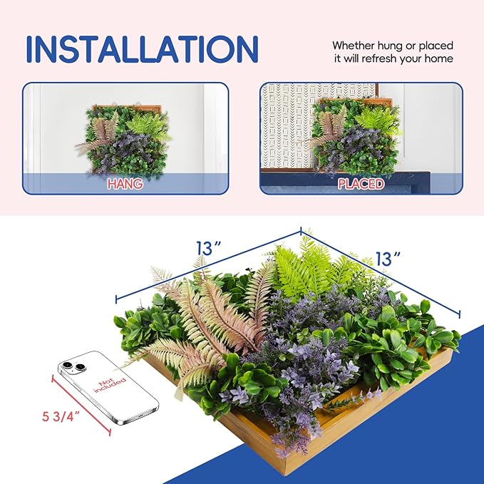 8 Pieces Hanging Wall Artificial Plants for Home Decor Faux 3D Greenery Plant in Wooden Frame 12 inches for Room Garden Patio Indoor Outdoor Decoration, Green with Purple