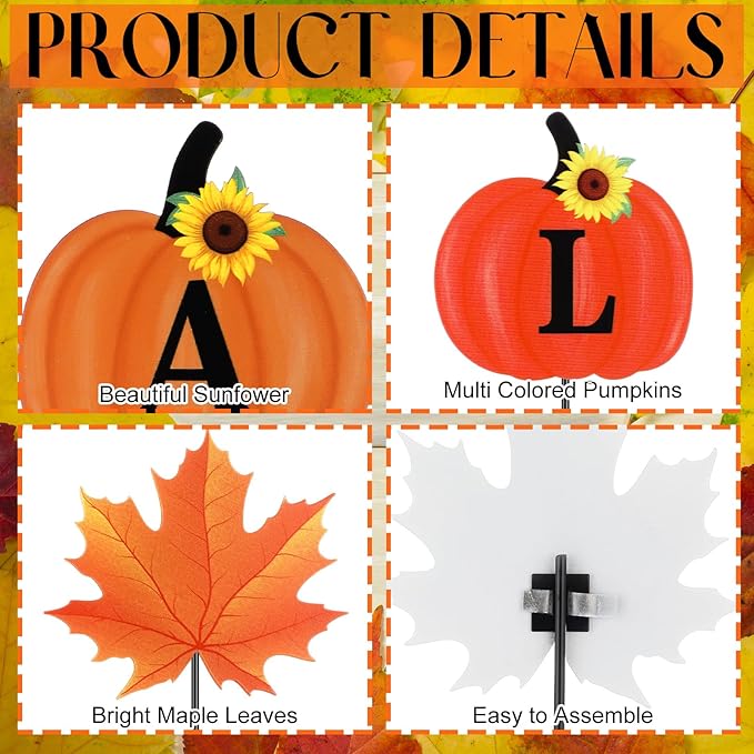 6 Pcs 12'' Thanksgiving Garden Stakes Pumpkin Scarecrow Maple Leaves Fall Metal Yard Sign Yard Stakes Outdoor Thanksgiving Decorations for Planter Lawn Patio Walkway Porch(Classic Style)