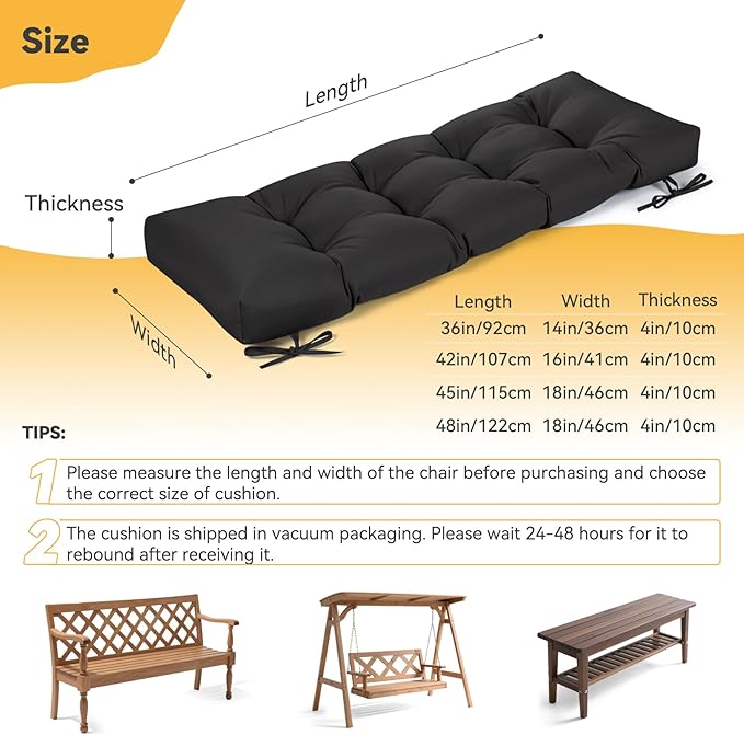 ROFIELTY Outdoor Bench Cushion, Waterproof/Sun-Proof Fabric, Tufted Bench Cushion with 2 Ties, Suitable for Outdoor Garden Bench/Swing/Indoor Furniture (Black, 42×16×4)