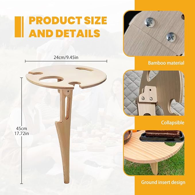 Topyond Outdoor Portable Foldable Wine Table, Bamboo Round Wine Rack, Ground Insertion Design Small Picnic Table, Ideal for Garden, Lawn, Picnic