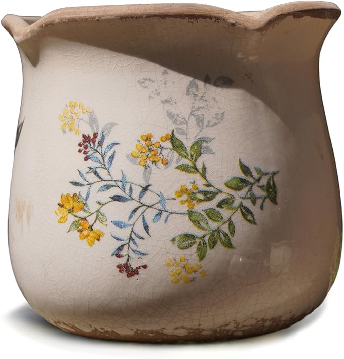 Rustic Ceramic Planter, 6 Inch Tuscan Vintage Flower Pot with Drainage, Farmhouse Garden Pot for Indoor Plants, Kitchen & Garden Tuscan Decor, Plant Lover Gift (Yellow)