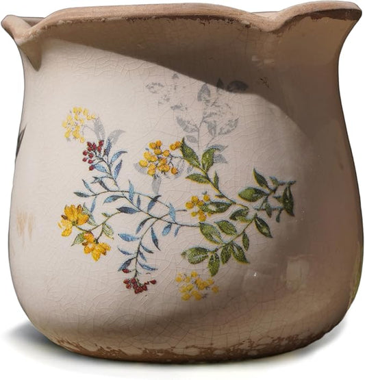 Rustic Ceramic Planter, 6 Inch Tuscan Vintage Flower Pot with Drainage, Farmhouse Garden Pot for Indoor Plants, Kitchen & Garden Tuscan Decor, Plant Lover Gift (Yellow)