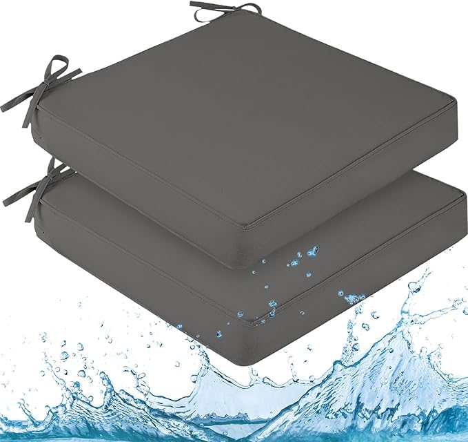 downluxe Waterproof Outdoor Chair Cushions for Patio Furniture, 24" x 24" x 4" Patio Chair Cushion with Non-Slip Ties & Portable Handle, Square Outdoor Cushion with Removable Cover, Dark Grey, 2 Pack