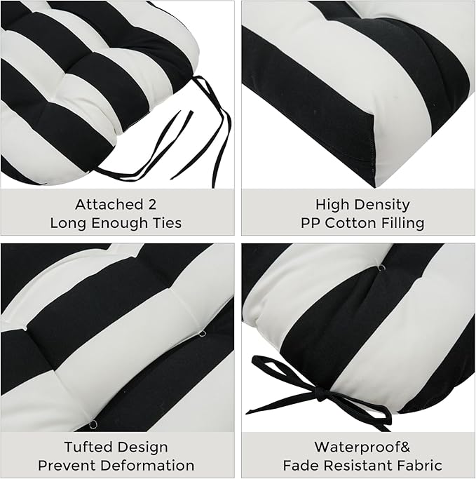FUNHOME Outdoor Chair Cushions Set of 2,19 x19 Inch,Waterproof Tufted Patio Seat Cushions with Ties,Reversible,All Weather,Round Corner Wicker Chair Cushion for Outdoor Furniture(Black White)