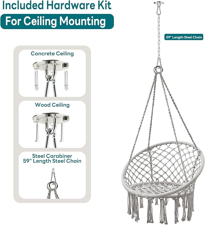 JoyView Macrame Hammock Chair Hanging Swing Chair Max 330 Lbs with 2 Cushions and Hardware Kits for Indoor Outdoor Bedroom Patio Garden - Light Grey