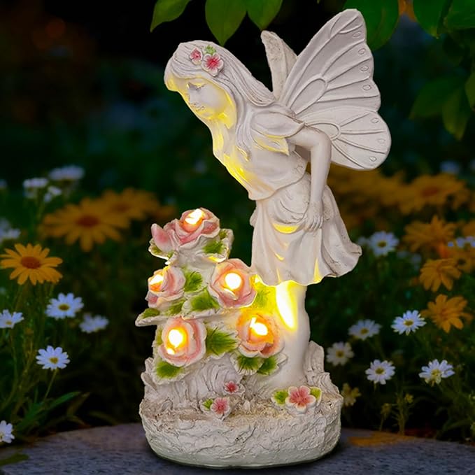 Garden Figurines Angel Garden Statue Outdoor Decor, Solar Powered Resin Sculpture with 5 LEDs Art Decoration for Patio Lawn Yard Porch, Ornament Housewarming Gift, 11“ H