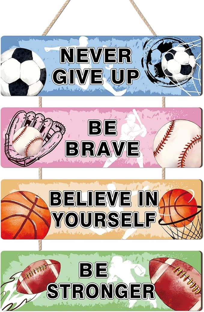 HLNIUC Sports Never Give Up Wooden Signs Set of 4(4”x12”)Boy Inspirational Quotes Wall Decors Football Basketball Baseball Hanging Plaque Motivational Sports Themed Wall Art Soccer Room Decor for Boys