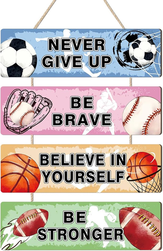 HLNIUC Sports Never Give Up Wooden Signs Set of 4(4”x12”)Boy Inspirational Quotes Wall Decors Football Basketball Baseball Hanging Plaque Motivational Sports Themed Wall Art Soccer Room Decor for Boys