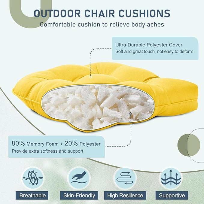 downluxe Outdoor Chair Cushions Set of 2 for Patio Furniture, Waterproof Tufted Overstuffed Patio Furniture Cushions, Thick Outdoor Seat Cushion, 19" X 19" X 5", Yellow