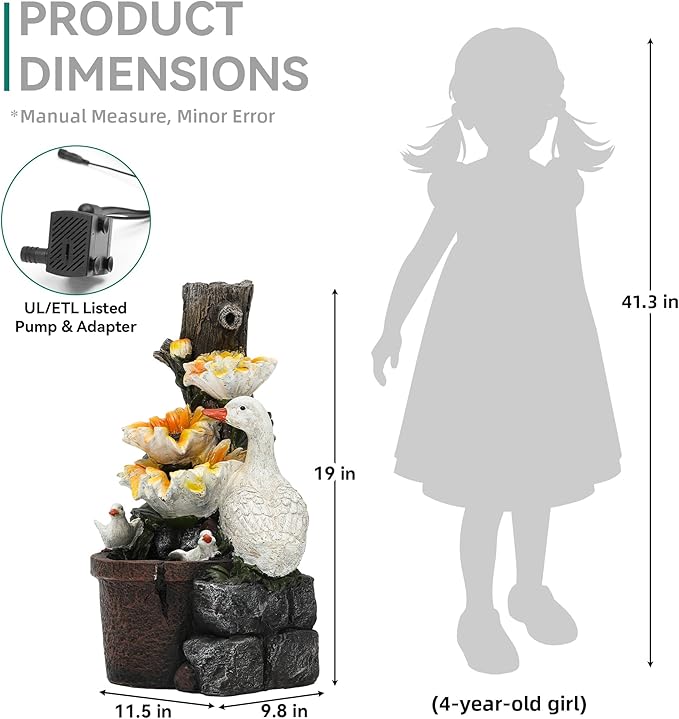 19" Water Fountain Indoor Outdoor, 4-Tier Sunflower & Duck Design with LED Lights and Cascading Waterfalls, Rustic Decor for Garden, Yard, Patio, Flowerbed & Farmhouse