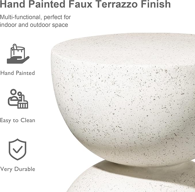 Glitzhome Outdoor Side Table, Round Accent End Table, Lightweight Hourglass Faux Terrazzo Decorative Garden Stool, 17.75" H White Planter Stand for Patio Porch Balcony Living Room