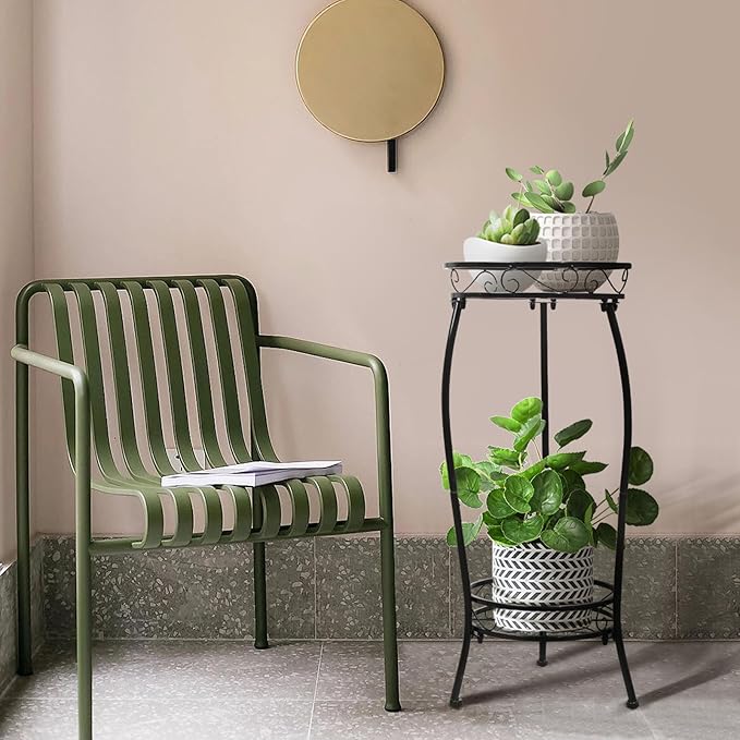2 Pack Plant Stand Indoor Outdoor 2 Tier 27" Tall Metal Potted Holder Rack Flower Pot Stand Heavy Duty Plant Shelf Rustproof Iron Multiple Plant Round Supports Rack for Planter Corner Garden