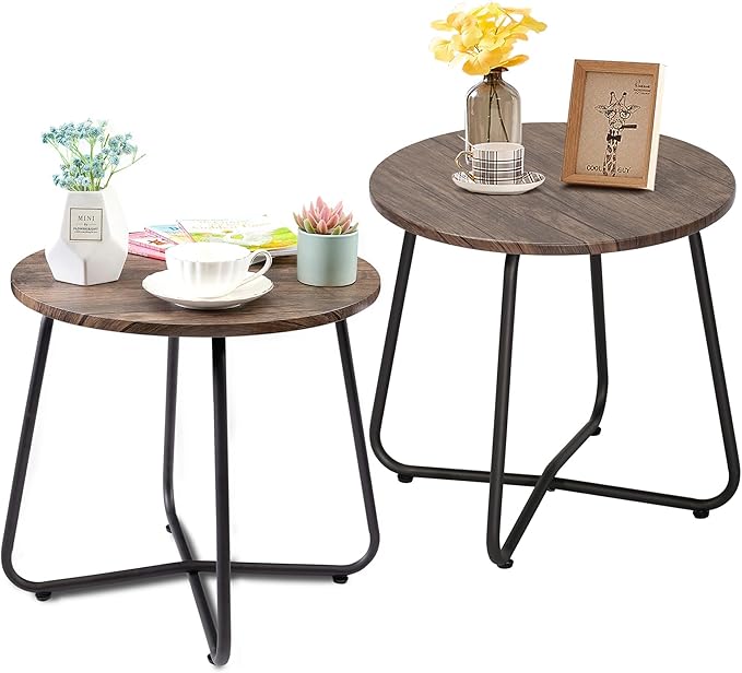 VECELO 17.7 inch Small Round Outdoor Side Table,Patio End Table,Waterproof Wood Table with Weather Resistant Steel Adjustable Feet for Living Room Bedroom Garden Yard Balcony Porch Poolside