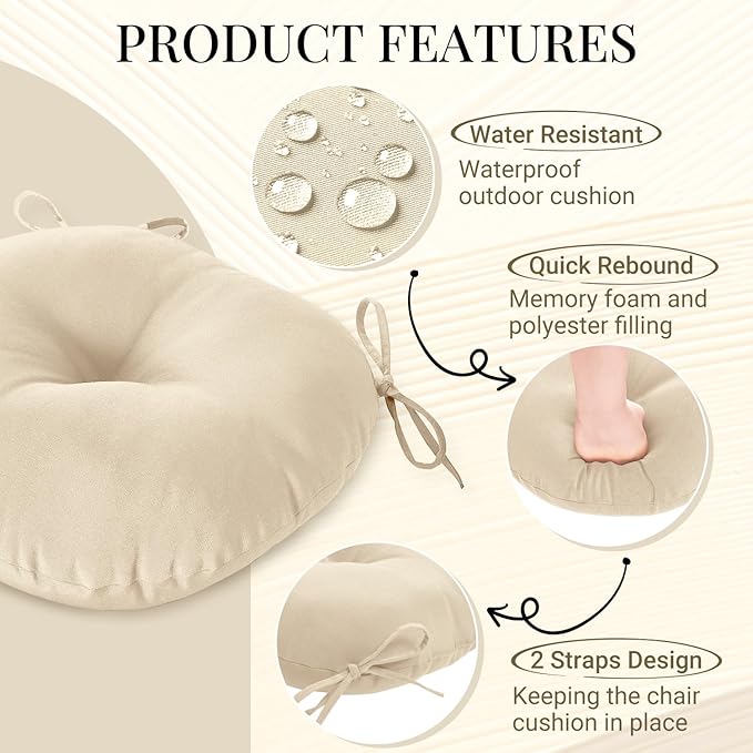 downluxe Bistro Chair Cushions for Patio Furniture, Water-Resistant Round Outdoor Chair Cushions Set of 4 with Non-Slip Ties, 15" x 15", Beige