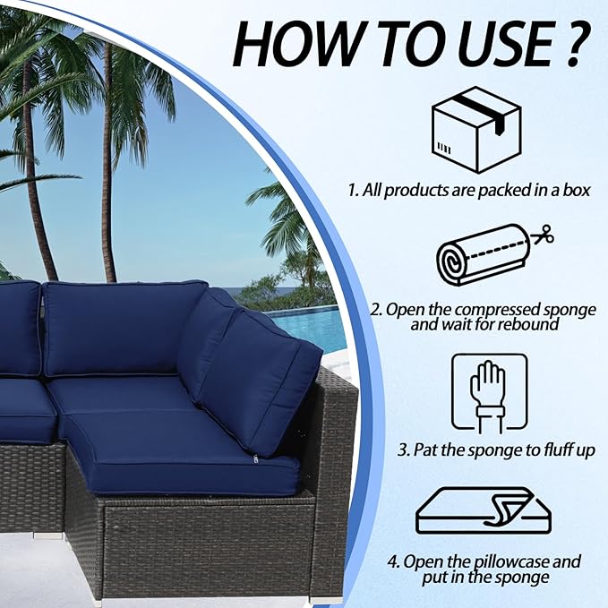 Patio Furniture Cushions, 14 Pieces Water-Resistant Outdoor Replacement Cushions, Sectional Sofa Cushions for 6-Seats Rattan Wicker Patio Conversation Sets, Dark Blue
