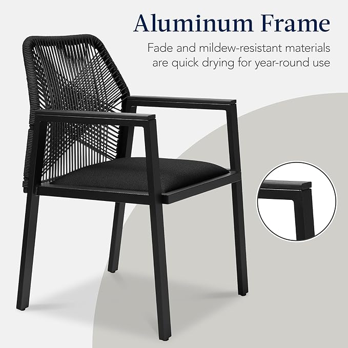 Best Choice Products Outdoor Dining Arm Chair Set of 2, Aluminum Frame with Armrest, All-Weather Woven Rope Chair Design - Black/Obsidian