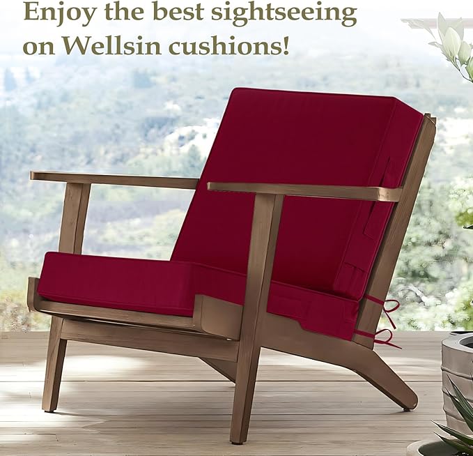 Wellsin Outdoor Cushions for Patio Furniture, Waterproof Outdoor Seat Cushions with Ties and Handle, 22X22 Outdoor Cushions, Outdoor Deep Seat Cushions with Removable Cover, Burgundy