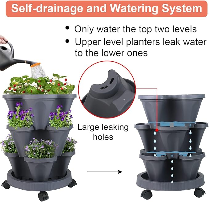 GameXcel Vertical Planter Tower- 3 Tier Stackable Garden Planter with Wheels and Tool Set – Grow Strawberries Herbs Flowers and Vegetables - Indoor Outdoor Use Dark Gray