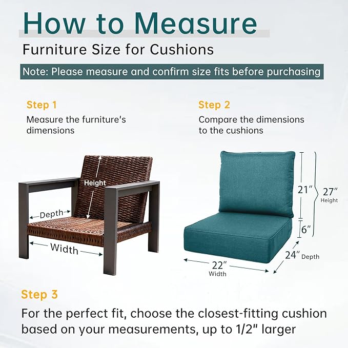 Belord Luxury 6" Thick Outdoor Cushion 6 Set - 22 x24 Inch 28D Sponge Filling Fade-Resistant Chair Cushion, Spill Proof Removable Patio Furniture Replacement Cushion for Bench Swing - Peacock Blue