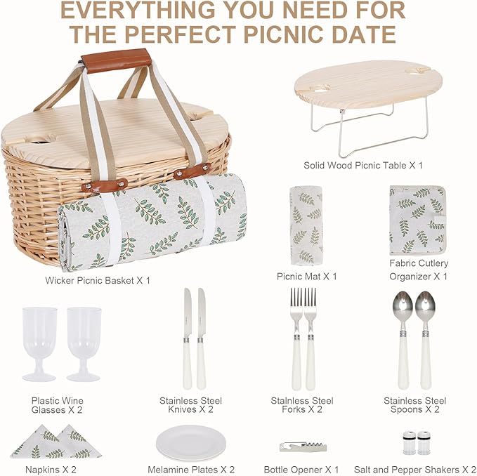 Picnic Basket Set for 2 - Wicker Insulated Picnic Basket with Waterproof Blanket, Folding Wine Picnic Table & Cutlery Kits, Picnic Baskets Kit for Camping, Outdoor, Valentine (Leaf)