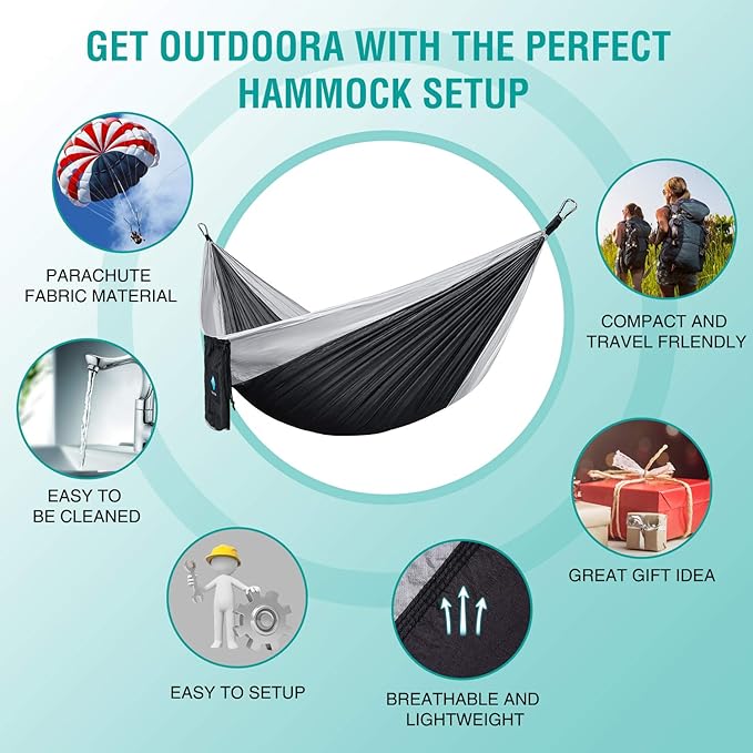 Hammock Camping, Portable Single/Double Hammocks for Outdoor Hiking Travel Backpacking - 210D Nylon Hammock Swing for Backyard & Garden (Black/Gray)