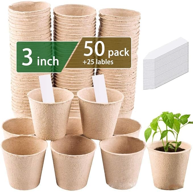 3T GROUP 50 Pcs 3 Inch Small Plant Pots Kit,Compostable Flower Pots for Plant,Disposable Peat Seed Pots,Biodegradable Planting Cups with Labels for Vegetables,Fruit