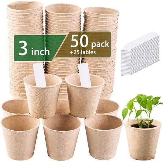 3T GROUP 50 Pcs 3 Inch Small Plant Pots Kit,Compostable Flower Pots for Plant,Disposable Peat Seed Pots,Biodegradable Planting Cups with Labels for Vegetables,Fruit