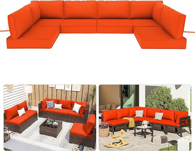 Patio Sectional Cushions, 14-Piece Replacement Cushions for Outdoor Furniture, Water-Resistant Outdoor Sofa Cushion for 6-Seat Rattan Wicker Sectional Conversation Sets (Orange)