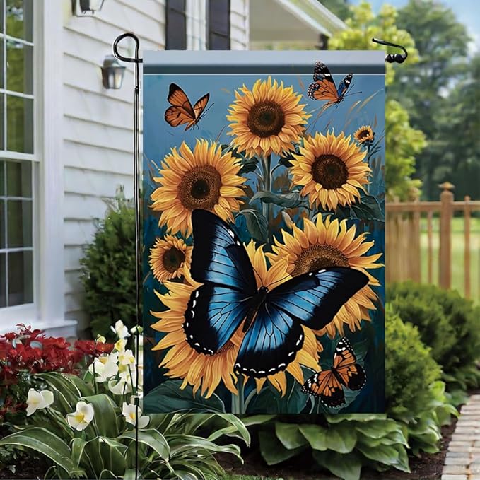 Sunflower Butterfly Garden Flag 12x18 Inch Double Sided Outdoor Yard Banner Blue and Orange Butterfly with Sunflowers for Spring Summer Patio Porch Lawn Home Decoration