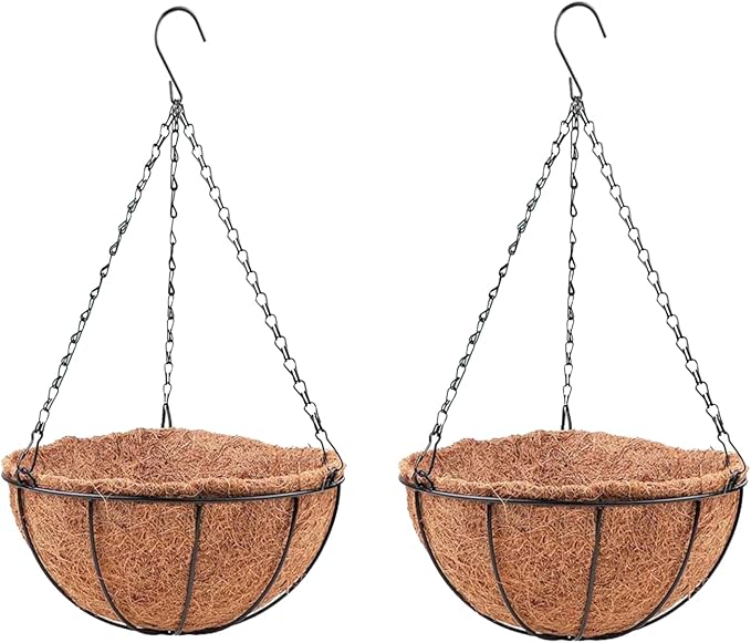 LaLaGreen Hanging Baskets for Outdoor Plants (2 Pack, 14 Inch) Large Hanging Planter with Coco Liner Round Flower Pots, Black Metal Wire Plant Holder Hook Deck Porch Modern Garden Balcony Boho Decor
