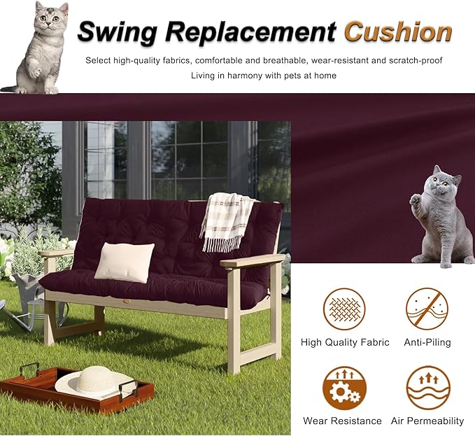 2-3 Seat Swing Replacement Cushion, Outdoor Bench Cushions with Backrest Thicken 4", Patio Furniture Garden Porch Loveseat Glider Pad Anti-Fading Waterproof (Wine Red, 40x47in)