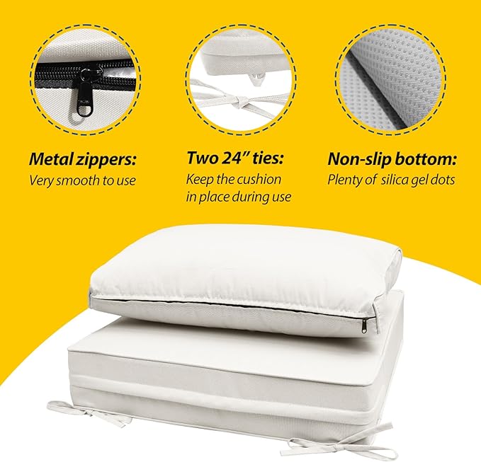 AAAAAcessories Outdoor Seat Cushions for Chairs, Fade-Resistant, Waterproof Patio Furniture Replacement Cushions, 23" x 23" x 5" + 23" x 13.5", Creamy White