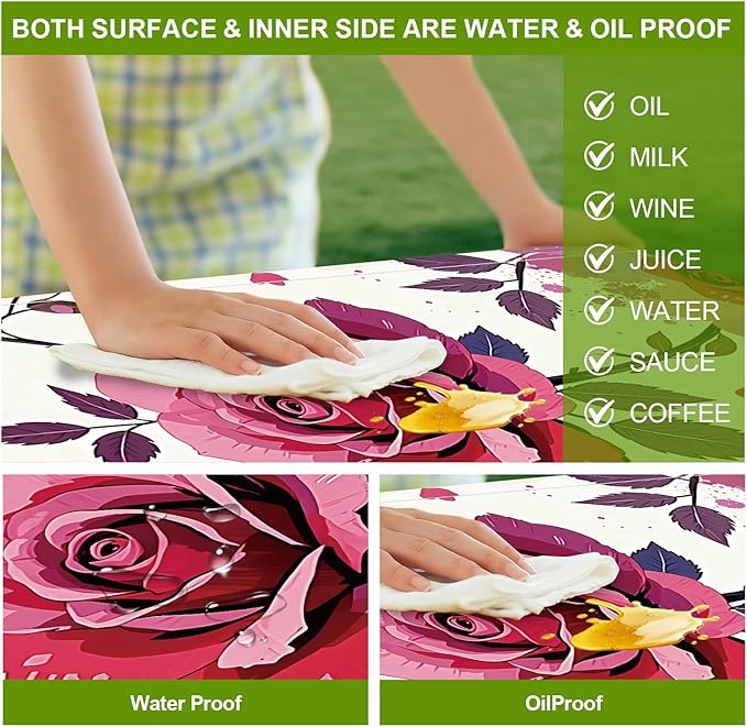 Romantic Roses Picnic Table Cover with Bench Covers Set of 3 - Red Roses and Floral Background, Elastic Fitted Tablecloth for 6 Ft Tables, Washable Polyester Cover for Patio, Indoor & Outdoor